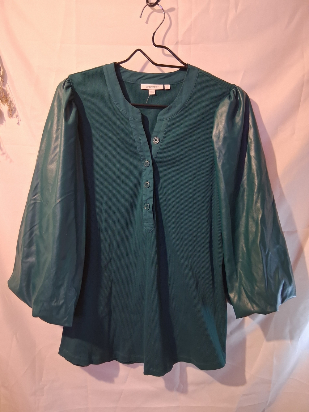 Chico's Forest Green Puff-Sleeve Henley Top